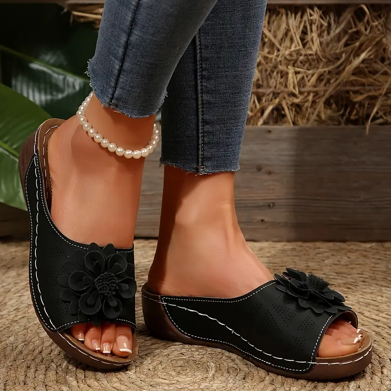 Women's Bohemian Wedge Sandals - 3D Floral Design Comfortable Walking Slippers, Summer Indoor and Outdoor Casual Fashion Sandals