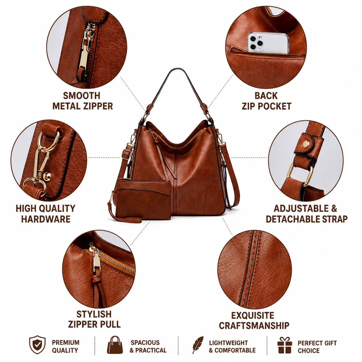 Luxury Leather Hobo Bag Anti-Theft Handbag + FREE Pouch Wallet