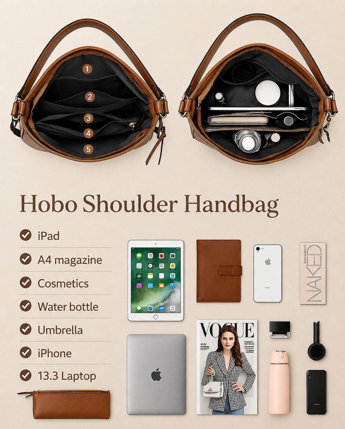 Luxury Leather Hobo Bag Anti-Theft Handbag + FREE Pouch Wallet